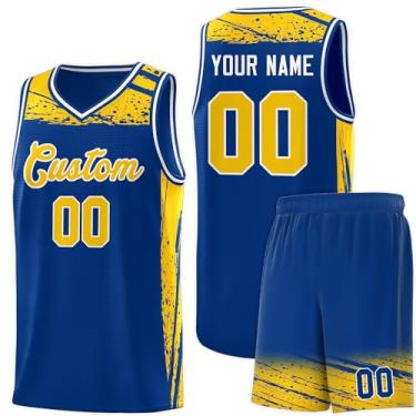 Imagem de Camisa masculina personalizada de basquete juvenil uniforme de treino uniforme impresso personalizado nome do time logotipo número, Azul e amarelo - 27, One Size