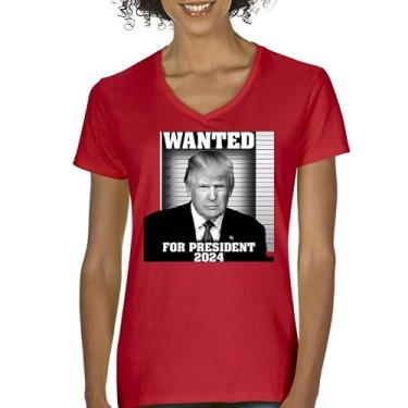 Imagem de Camiseta feminina com gola V Donald Trump Wanted for President 2024 Mugshot MAGA America First Republican Conservative FJB Tee, Vermelho, XXG