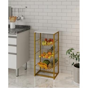 Imagem de Fruteira Grécia Tampo Madeira Mdp Branco Base de Ferro Dourado