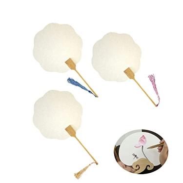 Imagem de UtySty Pacote com 3 ventiladores de papel simples Shuen Xuan ventilador portátil mini 15 cm branco em branco pá redonda ventiladores de casamento para pintura à mão artesanato caligrafia ornamentos