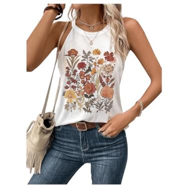 Imagem de WDIRARA Camiseta regata feminina floral frente única sem mangas, camisetas casuais de verão, Branco, GG