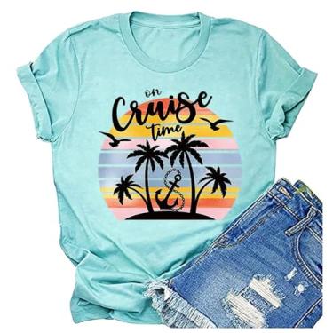 Imagem de Camisetas femininas On Cruise Time com estampa de palmeiras e praia, verão, festa na praia, férias, camiseta de manga curta, Azul, XG
