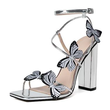 Imagem de AUMOTED Sandálias femininas salto alto bloco grosso asas borboleta sandálias de salto tiras aberto bico quadrado sapatos de verão 4 polegadas, Borboleta, prata patenteada, 10