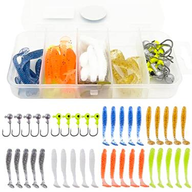 Imagem de FANGBLUE 40 peças 1/226.8 g gancho cabeça gabarito 5.1 cm T-tail iscas macias isca de silicone artificial Worm kit de equipamento de pesca suave para pesca de truta robalo (40 peças de isca macia