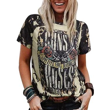 Imagem de Camiseta feminina com estampa retrô de música rock com estampa de letras engraçadas manga curta casual, Preto, XG