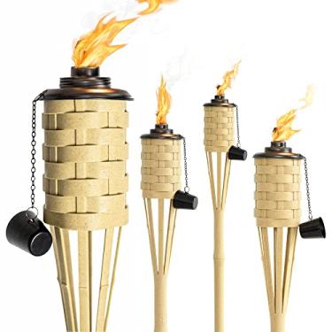 Imagem de ONETHATCH Tochas de bambu sintético para uso ao ar livre (cor seca, pacote com 4); maçarico grande de citronela ilha para iluminação de jardim, festa de luau e decoração tropical; recipiente de boca