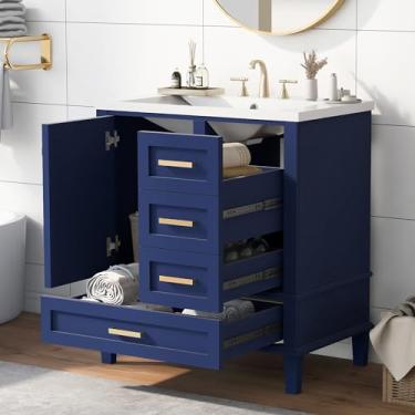 Imagem de Vaidade de banheiro de 76 cm, conjunto de armário de banheiro moderno com pia, armário de armazenamento de banheiro com porta de fechamento macio e 3 gavetas, moldura de madeira maciça (azul)