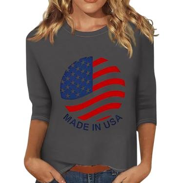 Imagem de Camiseta feminina com bandeira dos EUA Memorial Day, gola redonda, manga 3/4, patriótica, caimento solto, Cinza, GG