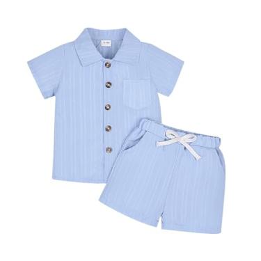 Imagem de TOKIAGO Roupas infantis para bebês meninos com nervuras, camisa de botão + shorts, conjunto com 2 peças, 12 meses a 5 anos sem camiseta, Azul, 12-18 Meses