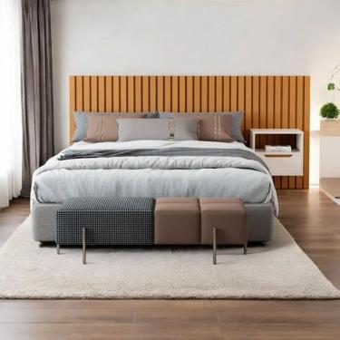 Imagem de Cabeceira Ripado Para Cama de Casal/Queen Maracá Nature Com Mesa de Cabeceira Jatobá OffWhite - Rede Móveis