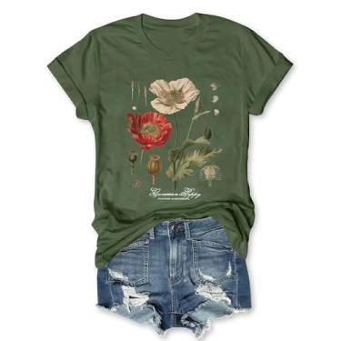 Imagem de Camiseta feminina com estampa de papoula vintage Memorial Day, gola redonda, manga curta, verão, 01agreen, P