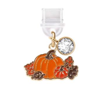 Imagem de ELISE & FONDA TP434 Tipo-C porta de carregamento USB plugue antipoeira Halloween folhas de abóbora pingente de telefone celular para iPhone 15/Samsung/OnePlus/Xiaomi/oppo telefones Android (laranja),