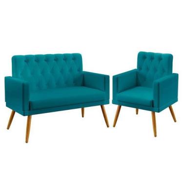 Imagem de Kit Poltrona Namoradeira e Poltrona Estofada Vega com Capitonê Sued Az