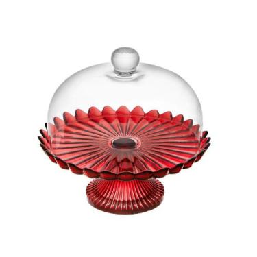 Imagem de Boleira de Vidro com Pé e Tampa Pétalas de Jasmin 24cm Vermelha Vitazz