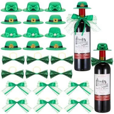 Imagem de SiliFine 24 peças de decorações de garrafa de vinho do Dia de São Patrício, conjunto de mini chapéu verde e laços verdes, chapéus de duende trevo verde, tampa de garrafa de vinho para decoração de