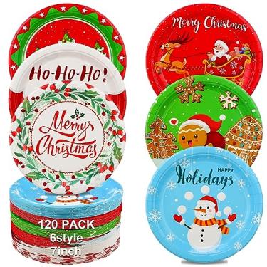 Imagem de Sliner 120 peças pratos de sobremesa de papel 18 cm pratos descartáveis Papai Noel boneco de neve guirlanda de Natal rena design de homem de gengibre, para suprimentos de festa de Natal, decorações de festa de Natal, 6 estilos