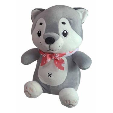 Imagem de Cachorro De Pelúcia Sentado Detalhes Bordado 29Cms - Cinza E Branco - 