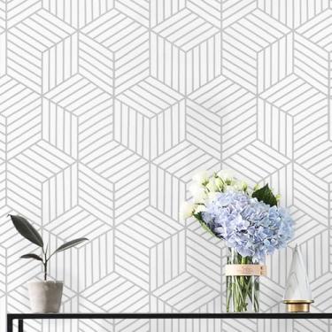 Imagem de Papel de parede branco e prata 110 x 45 cm, geométrico despojado, papel de parede listrado prateado, papel de contato branco, autoadesivo, removível, película de vinil, decorativo, rolo de forro de gaveta