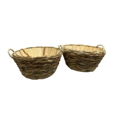 Imagem de 2 Cesto Vaso Cachepô Madeira Trança C Taboa Alça Palha 14x25 - Inspira