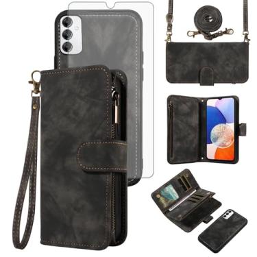 Imagem de Asuwish Capa de celular para Samsung Galaxy A14/M14 5G com zíper carteira magnética com protetor de tela de vidro temperado alça transversal flip porta-cartão de crédito A 14 4G 14A 14M G5 mulheres