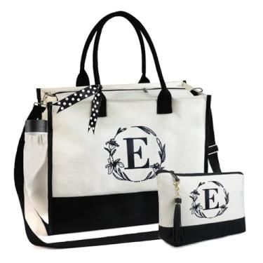 Imagem de BeeGreen Sacola com monograma bordado com inicial para mulheres, professora, mãe, amiga, presente personalizado para aniversário, praia, trabalho, casamento, Preto e branco, Large, E com bolsa