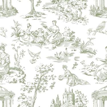 Imagem de VEELIKE Papel de parede verde de toile descasque e cole papel de parede vintage francês country para quarto, banheiro, 48 x 38 cm, papel de parede removível pré-colado verde chinoiserie papel de
