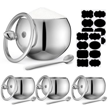 Imagem de Baderke 4 conjuntos de açucareiro de aço inoxidável de 473 ml com tampa e colher recipiente de açúcar com etiqueta, recipiente de sal com tampa de vidro transparente, pequeno recipiente de condimentos