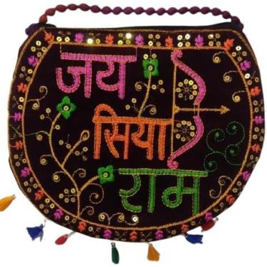 Imagem de Jaipuri Sling Bag, para mulheres e meninas, item de presente indiano casamento nupcial bolsa de algodão, carteira de mão, lenços bonitos mulheres mão pacote com 1 Jai Siya Ram, Multicor
