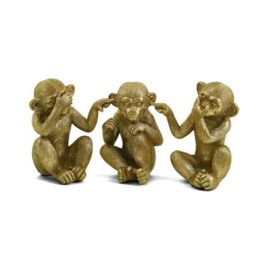 Imagem de Kit Escultura Decorativa Três Macacos Sábios Dourado em Poliresina 16x12,5cm 3 Peças Mart