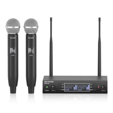 Imagem de Sistema de microfone sem fio de canal duplo, conjunto de microfones dinâmicos sem fio profissionais MELONARE Auto-Scan, alcance de 79 m, microfone sem fio de metal UHF 2x100 para cantar, karaokê
