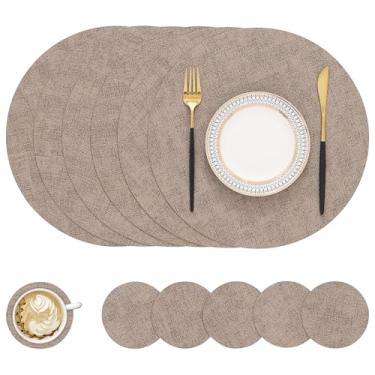 Imagem de Homing Jogo americano redondo de couro sintético e porta-copos conjunto com 6 – tapetes laváveis e resistentes ao calor, tapetes de mesa dupla face limpáveis para ambientes internos e externos,