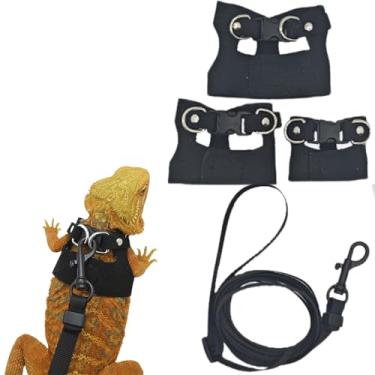Imagem de Pacote com 3 arreios e coleiras de dragão barbudo – Peitoral de lagarto de couro macio ajustável, acessórios para caminhada para réptil e rato esquilo (preto, com guia normal)