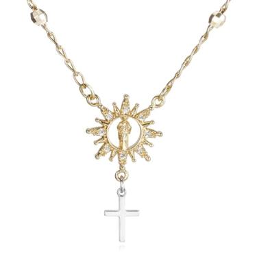 Imagem de MEIITRUE Colar de cruz para mulheres, banhado a ouro 14 K, delicado, sol, deus, colar moderno, personalizado, pingente de zircônia cúbica, crucifixo de prata, joias presentes para mulheres, One Size,