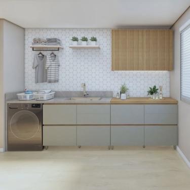 Imagem de Lavanderia Modulada com 2 Balcões e 1 Amario Aéreo Porta Ripada 100% Mdf Rainha