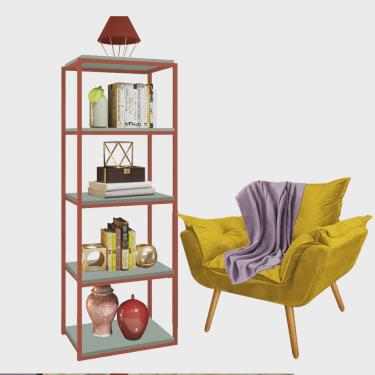 Imagem de Kit Poltrona Fatte com Manta Soft Lilás e Estante Livreiro Ferro Bronze mdf Verde Oliva Suede Amarelo - Ahazzo Móveis