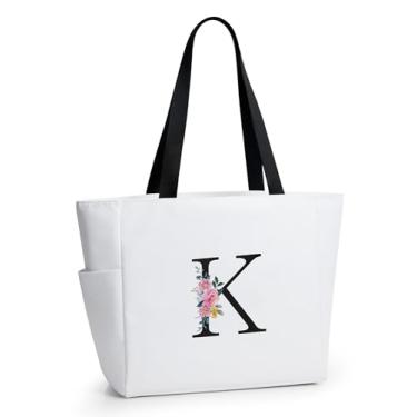 Imagem de KALIDI Sacola de praia personalizada, bolsa de compras com zíper inicial do alfabeto para mãe, professora, amiga, casamento, compras diárias, Bege-k, Large