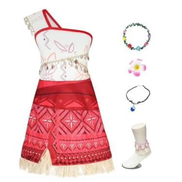 Imagem de AOVCLKID Fantasias de aventura para meninas, vestido de festa de aniversário de princesa Moana, roupas de cosplay de Halloween com acessórios, Vermelho, 5-6 Anos