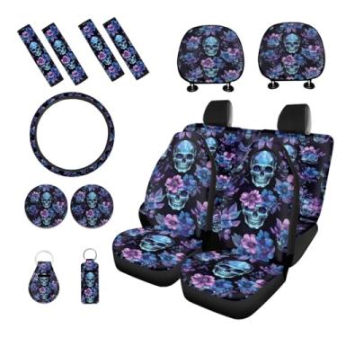 Imagem de PCSJRKG Conjunto completo de 15 peças de capa de assento de carro com estampa floral de caveira, capas de assento dianteiras e traseiras com capa de volante, capas de cinto de segurança, capa de