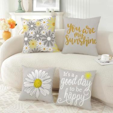 Imagem de TAOSON Pacote com 4, capas de almofada para decoração de margaridas de primavera verão cinza e branco, capas supermacias para fazenda, sofá de pátio e sala de estar, almofadas para sofá 45 x 45 cm
