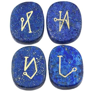 Imagem de Pedras de chakra para cura de cristal polido gravado com pedra de equilíbrio Reiki da Rockcloud, Antiguidade, 4pcs Lapis Lazuli(angel Symbol), 4