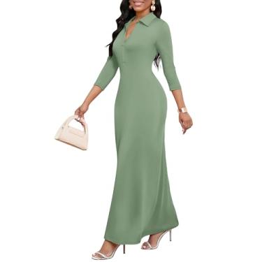 Imagem de MarryUP Vestidos maxi para mulheres, casual, gola V, manga 3/4, colado ao corpo, longo, maxi para festas e feriados, roupas semiformais, 019-verde sálvia, XGG