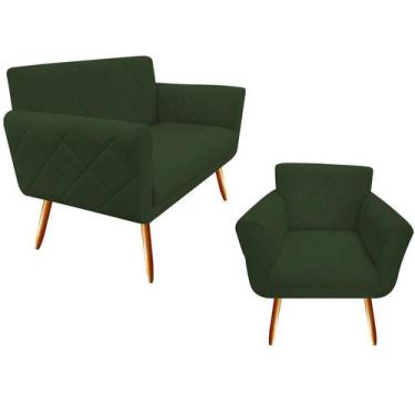 Imagem de Kit Namoradeira + 1 Poltrona Decorativa Sabrina Suede Verde Pés Madeir