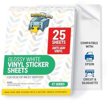 Imagem de Papel adesivo de vinil brilhante para impressão, impermeável, 25 folhas, 21,6 x 28 cm, impressora a jato de tinta (compatível com impressoras Epson) - Folhas adesivas de vinil branco - Adesivo forte