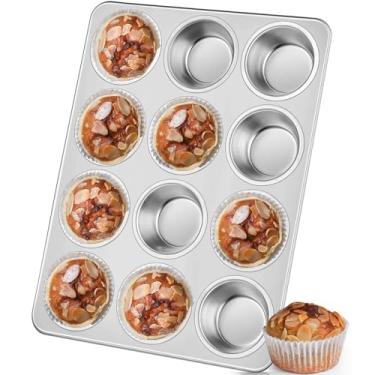 Imagem de Leonyo Forma de cupcake de 12 xícaras, bandeja de muffin de aço inoxidável não tóxica para assar, lata de mini muffin de metal, pode ser lavada no forno na lava-louças