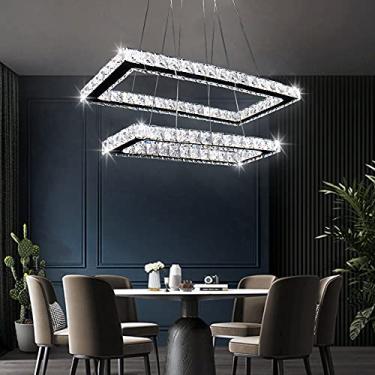 Imagem de Finktonglan Lustre moderno, 2 anéis retangulares lustres pendentes de cristal luz de teto pendente de LED para sala de jantar quartos de estar (6000K branco frio)