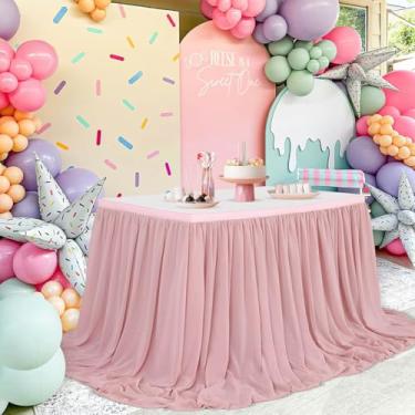 Imagem de QueenDream Saia de mesa de chiffon de 3,5 m, toalha de mesa transparente para casamento, primeira menina, festa de aniversário, decoração de chá de panela, rosa empoeirada