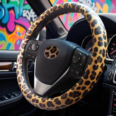 Imagem de Capa de volante universal de couro leopardo guepardo feminino 37-38 cm acessórios de carro leopardo anime ocidental marrom bonito capa de roda hip hop antiderrapante protetor de carro para homens