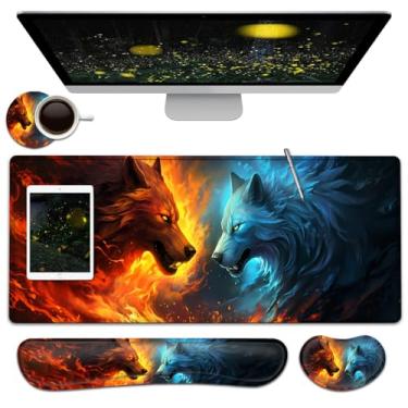 Imagem de Conjunto grande de mouse pad + descanso de pulso com teclado, mousepad estendido para jogos (31,5 x 11,20 cm) com borracha antiderrapante, suporte ergonômico para descanso de pulso de espuma de