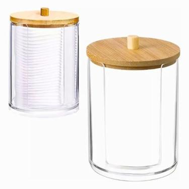 Imagem de Kit 2 Potes Organizador de Discos de Algodão Cotonete Tampa Bambu Transparente para Maquiagem Skincare Limpeza Facial