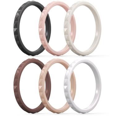 Imagem de ThunderFit Anéis de Silicone Finos e Empilháveis para Mulheres (sem metal/pedra) – Alianças de Casamento de Borracha, Padrão Diamante – 2,5mm largura, 2mm espessura – Pacote Variado